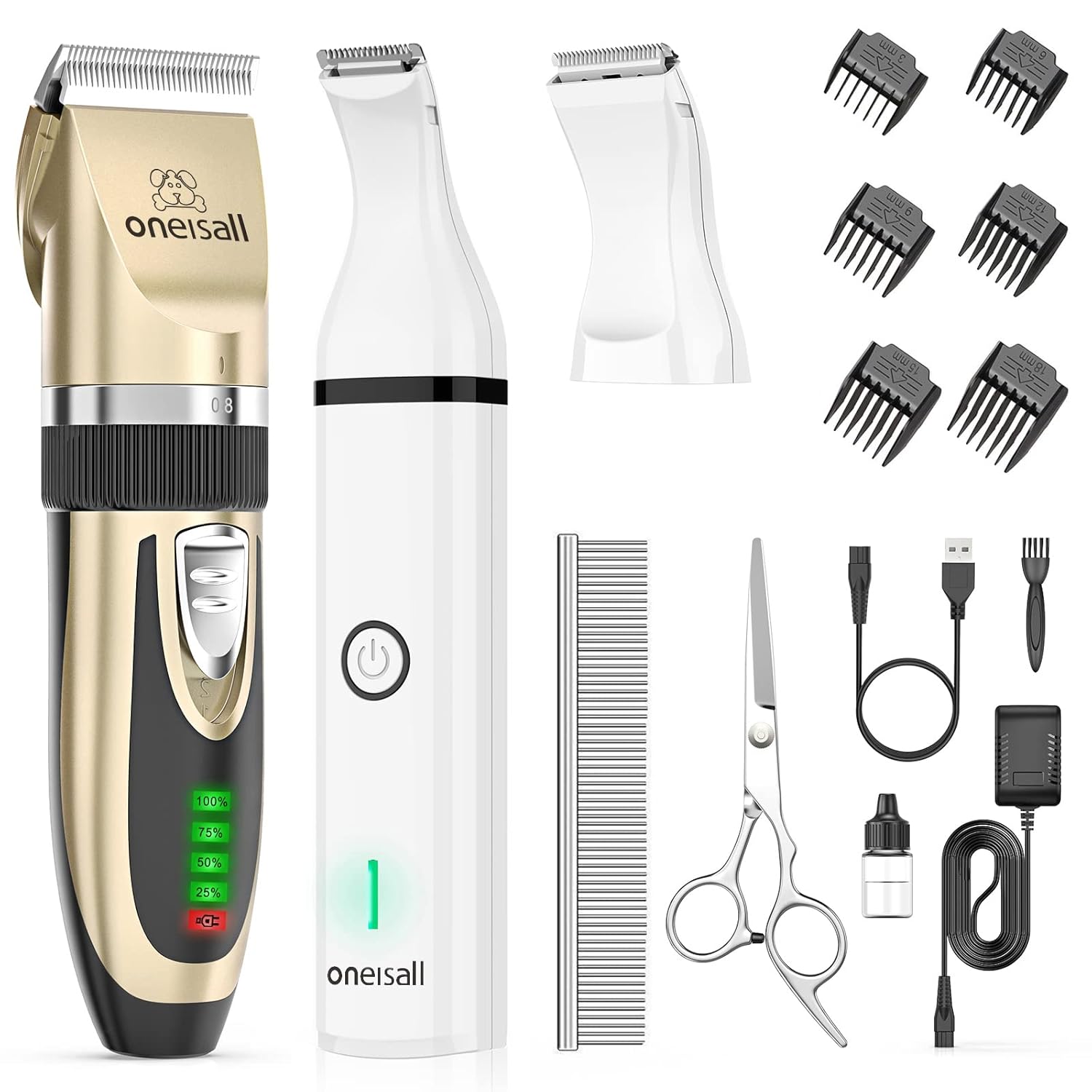 oneisall Dog Clippers and Dog Paw Trimmer Kit 2 in 1 Low Noise Cordless Dog Clippers for Grooming Pet Hair Trimmers for Small and Large Dogs Cats Animals Pack of 2