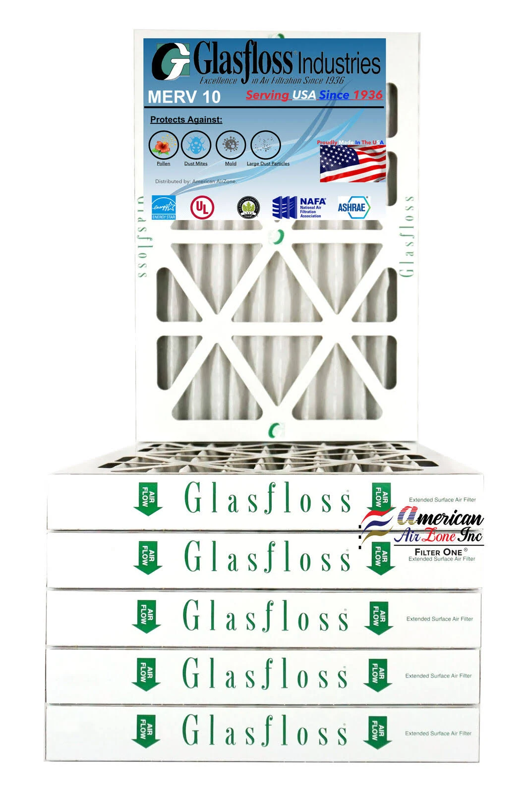 Glasfloss 14x25x2, 2x22 MERV 10 Pleated AC Air Furnace Filter(Qty: 6) Made in USA