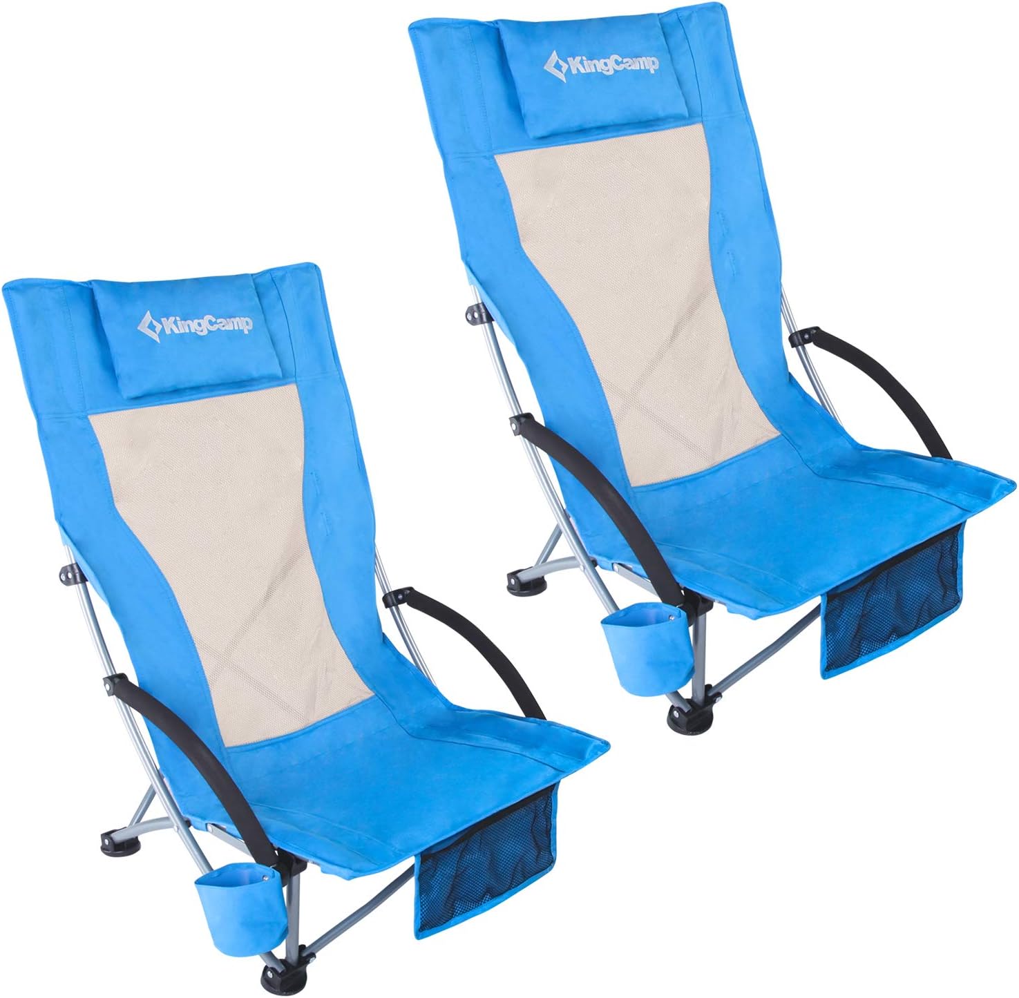 KingCamp Low Sling Beach Chairs,Folding Low/High Mesh Reclining Back Low Seat Beach Chair for Adults with Headrest,Cup Holder,Carry Bag Padded Armrest for Sand Camping Lawn Concert Travel Festival