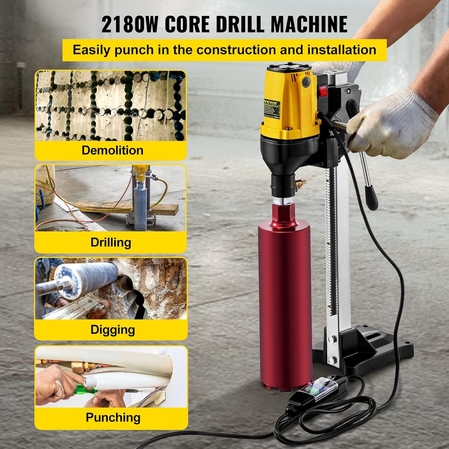 Happybuy 6 Inch/160MM Diamond Core Drilling Machine 2180W Diamond Core Drill Rig with Stand and Drill Bits,Wet Dry Core Drill Rig for Diamond Concrete Drilling Boring (Drill Bit Diameter: 4.25