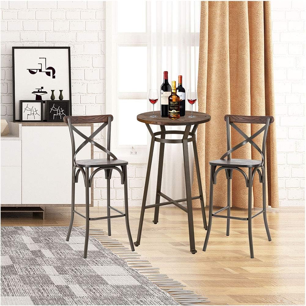 Glitzhome 3 Pieces Black Steel Round Bar Table and Bar Stools with High Backest Set Dining Table and Chairs Set