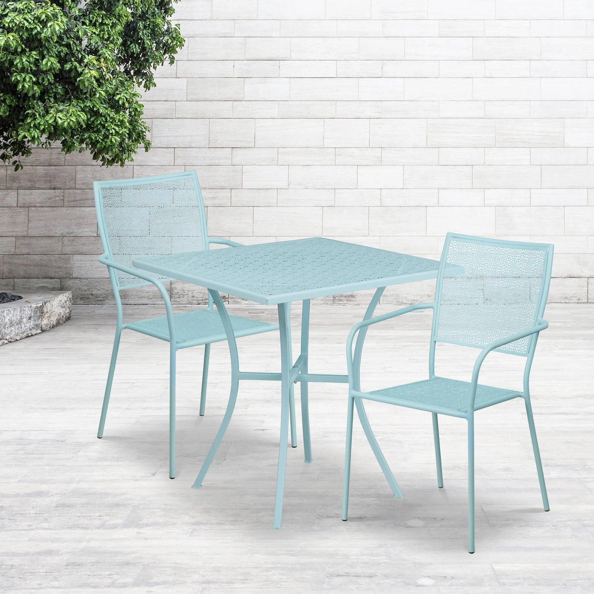 Flash Furniture 28x22 Square Sky Blue Indoor-Outdoor Steel Patio Table Set with 2 Square Back Chairs