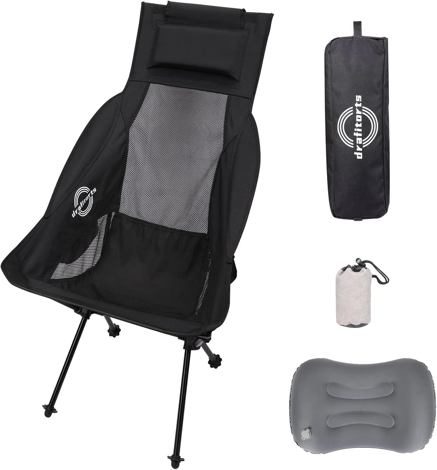 Drafitorts Ultralight Portable Camping Chair, Compact Foldable High-Back Camping Chair with Headrest, Side Pocket & Extra Inflatable Pillow for Camping Fishing Backpacking Lawn & Beach with Carry Bag