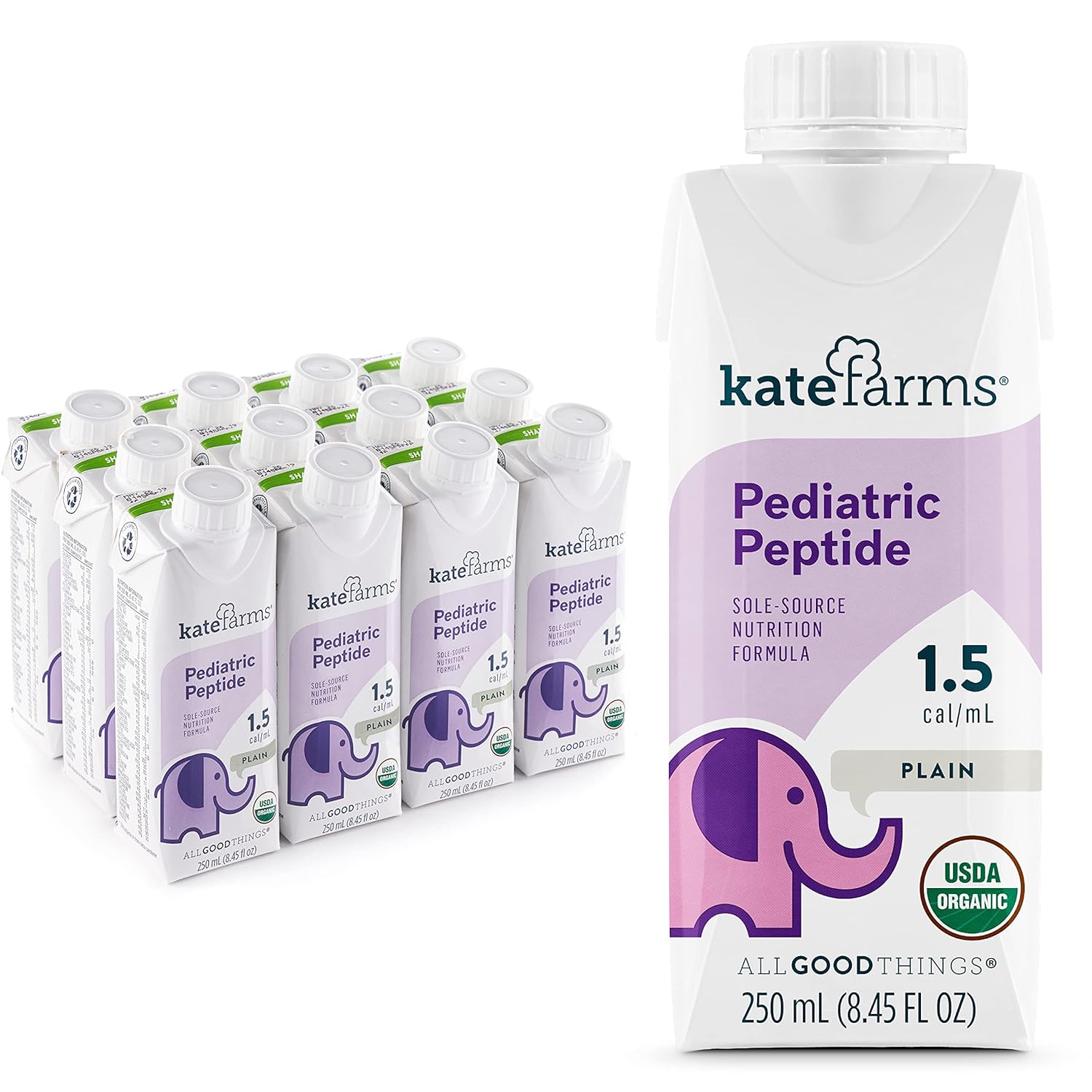 Kate Farms NEW Pediatric Peptide 1.5 Sole-Source Nutrition Formula, Organic Enzymatically Hydrolyzed Plant-Based Protein Drink, Meal Replacement for Oral & Tube Feeding, 8.45 fl. Oz., Plain, Case of 12