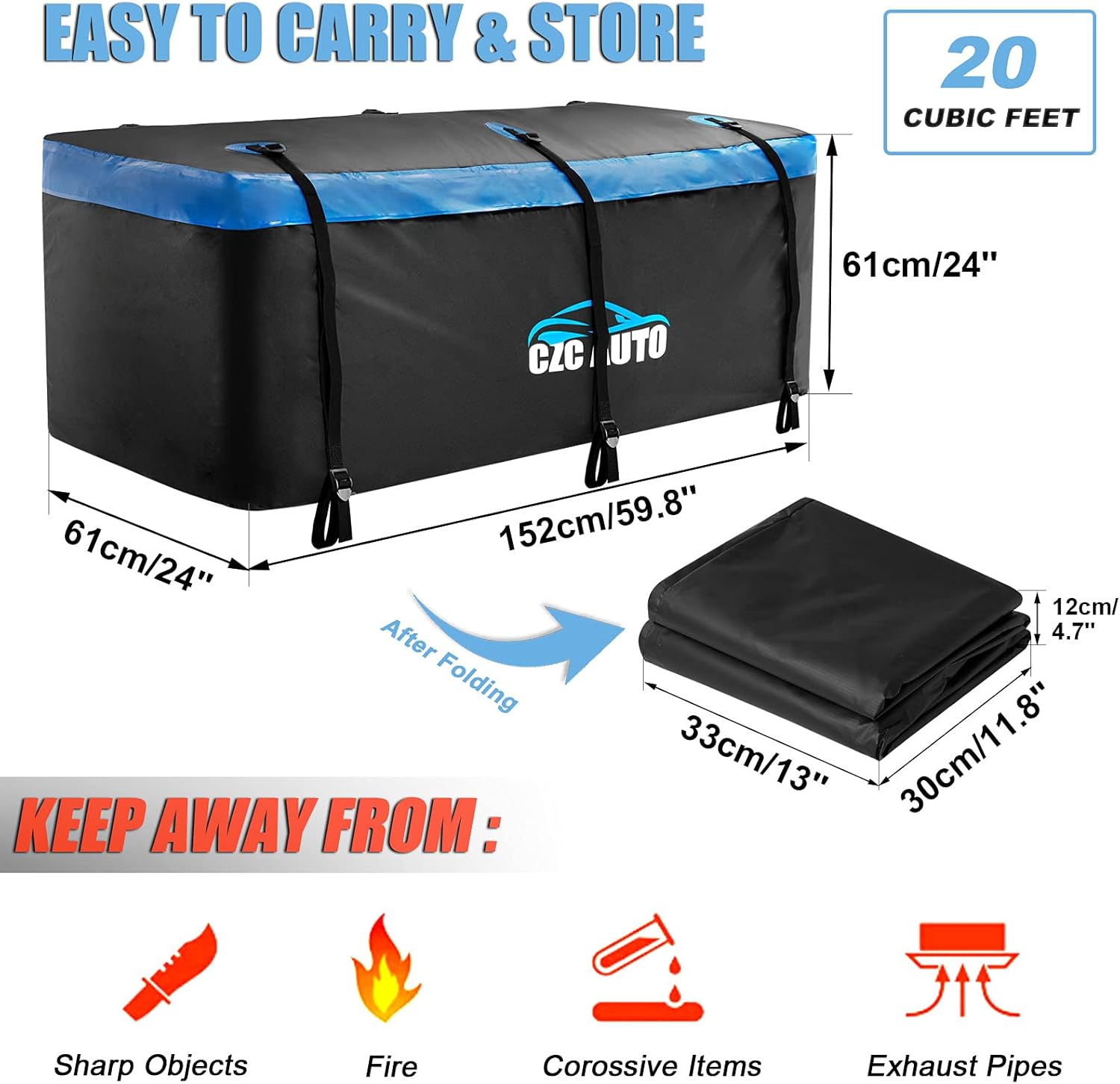 CZC AUTO Hitch Cargo Carrier Bag, 20 cu. ft Waterproof/Rainproof/Weatherproof Cargo Traveling Bag for Car Truck SUV Vans' Hitch Tray and Hitch Basket, Safe Steady Durable Soft, Black-Blue