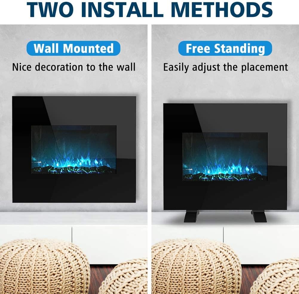 26 inch Electric Fireplace Freestanding and Wall Mounted, Fireplace Heater with Remote Control & Touch Screen, Adjustable Flame Color and Speed, Log/Crystal Options