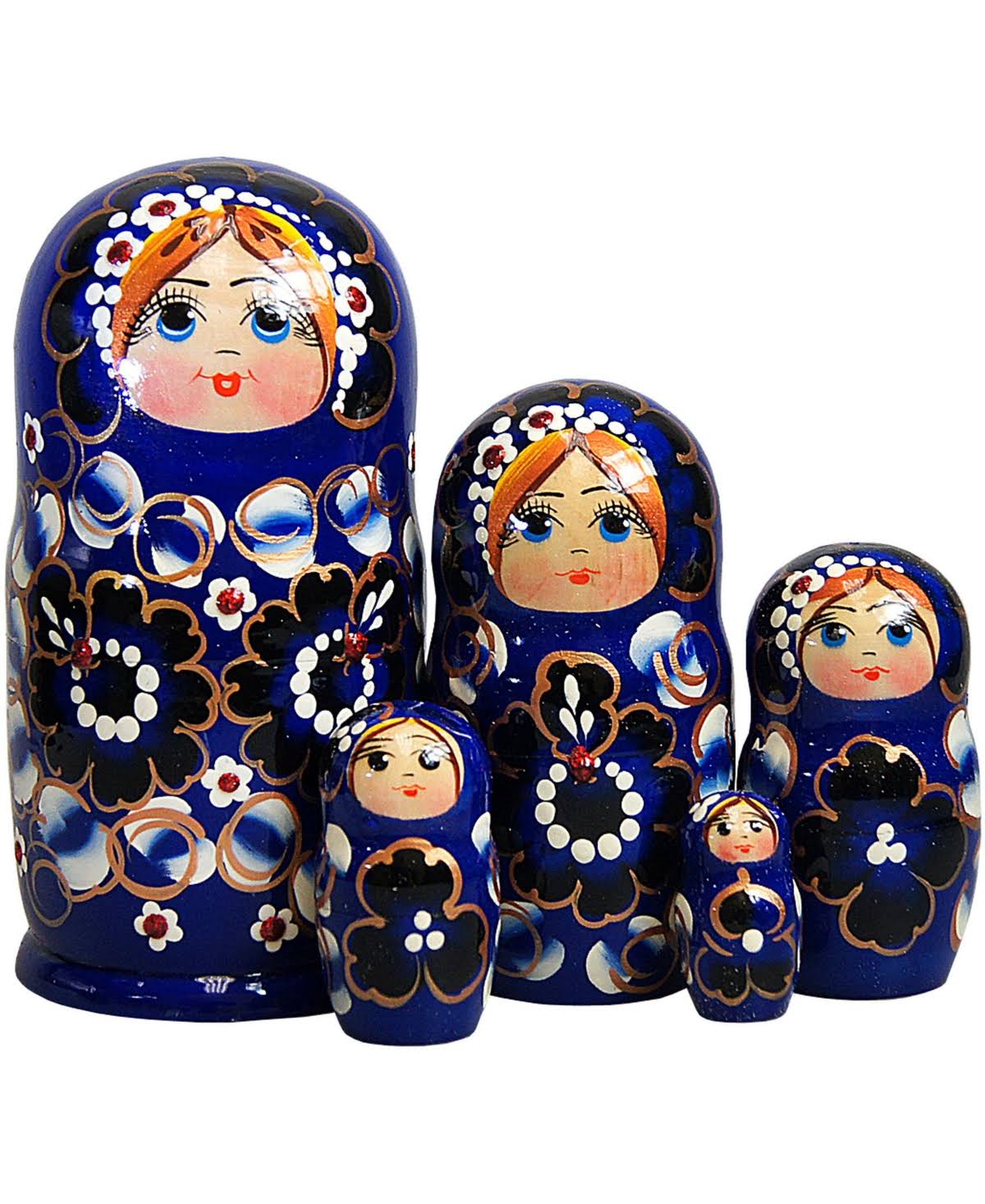G.DeBrekht 140151B 6 in. Russian Matryoshka Wooden Stacking Blue Floral Doll 5 Nest Doll