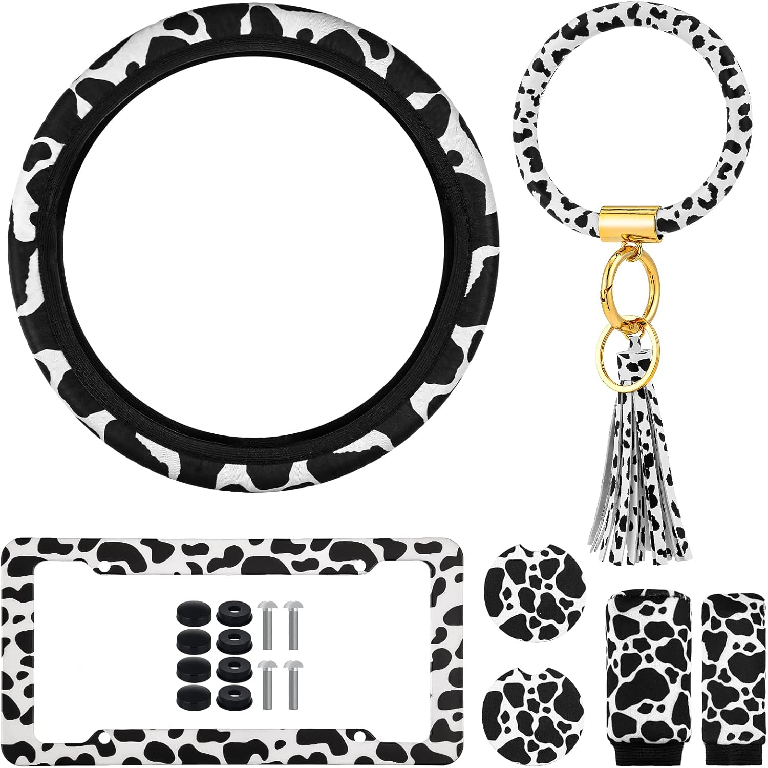 7 Pieces Cow Print Car Accessories Cow Steering Wheel Cover Cow License Plate Frame with Screws Cow Car Coasters Cow Keyring Bracelet Cow Non Slip Handbrake Cover Gear Shift Cover for Car Truck SUV