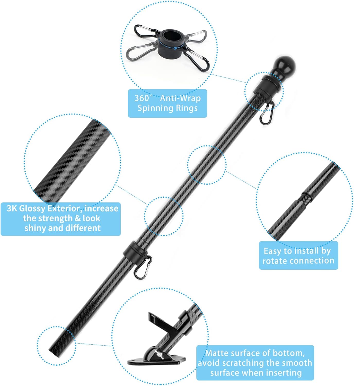 HIBLE 6FT Flag Pole Strong Carbon Fiber Flag Pole Wall Mount Flag and Pole for House 5 Sections Adjustable Length Black Flag Poles Residential with Bracket and Tangle Free Rings