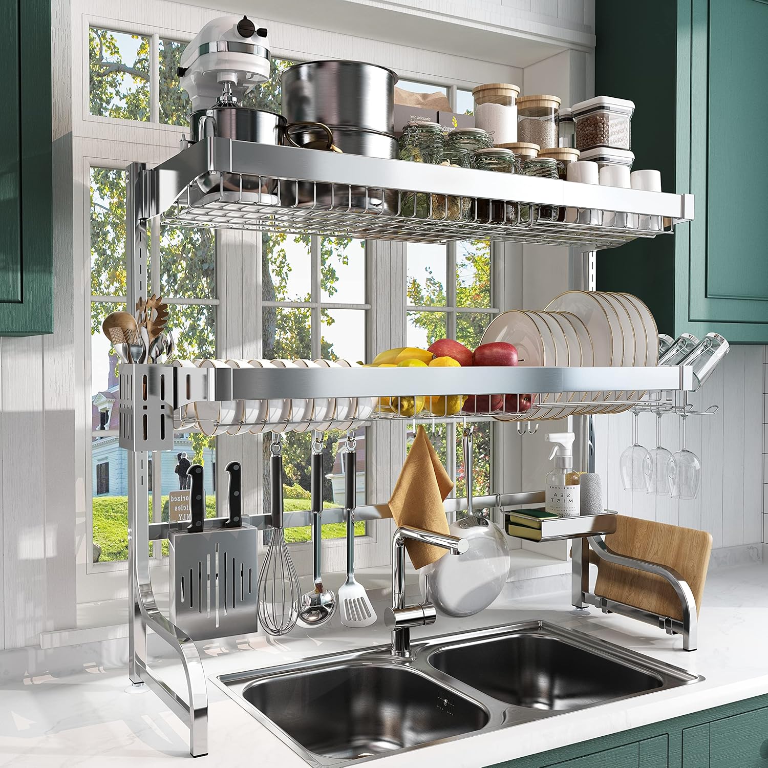 3 Tier Over Sink Dish Drying Rack, Boosiny Adjustable (25.6