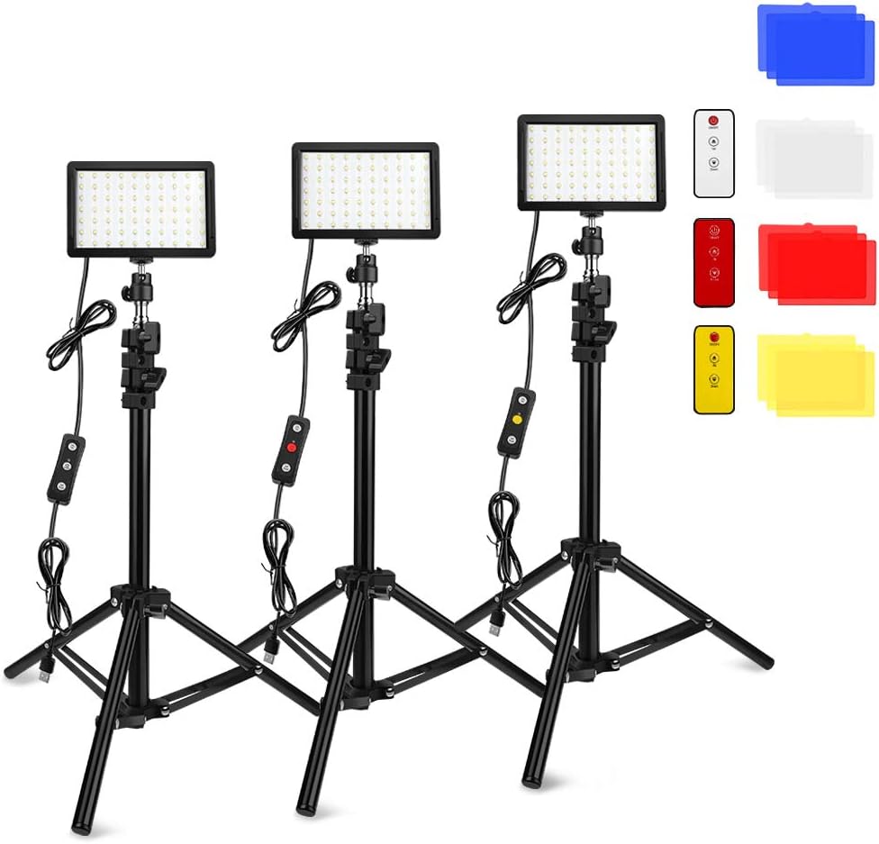 3 Packs 70 LED Video Light with Adjustable Tripod Stand/Color Filters, Obeamiu 5600K USB Studio Lighting Kit for Tablet/Low Angle Shooting, Collection Portrait YouTube Photography Pack of 2
