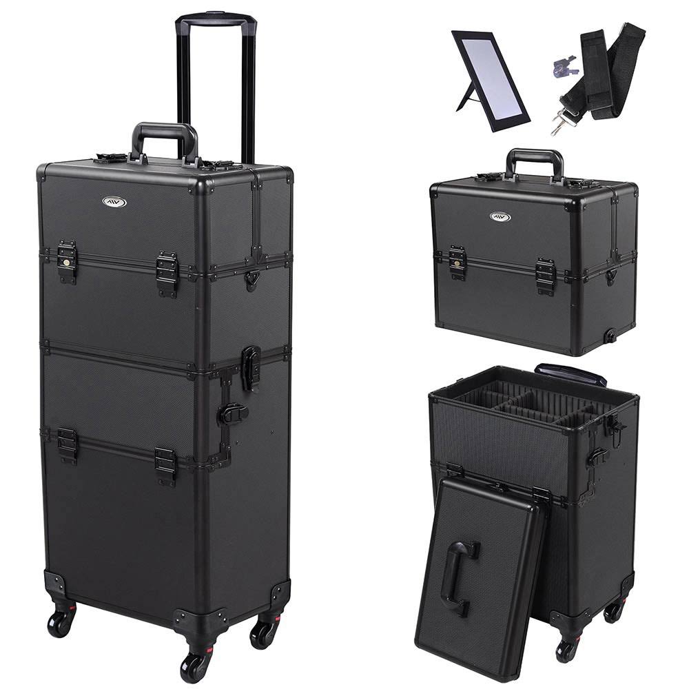 AW 2in1 4 Wheel Pro Aluminum Rolling Makeup Cosmetic Train Case Lockable Box Black
