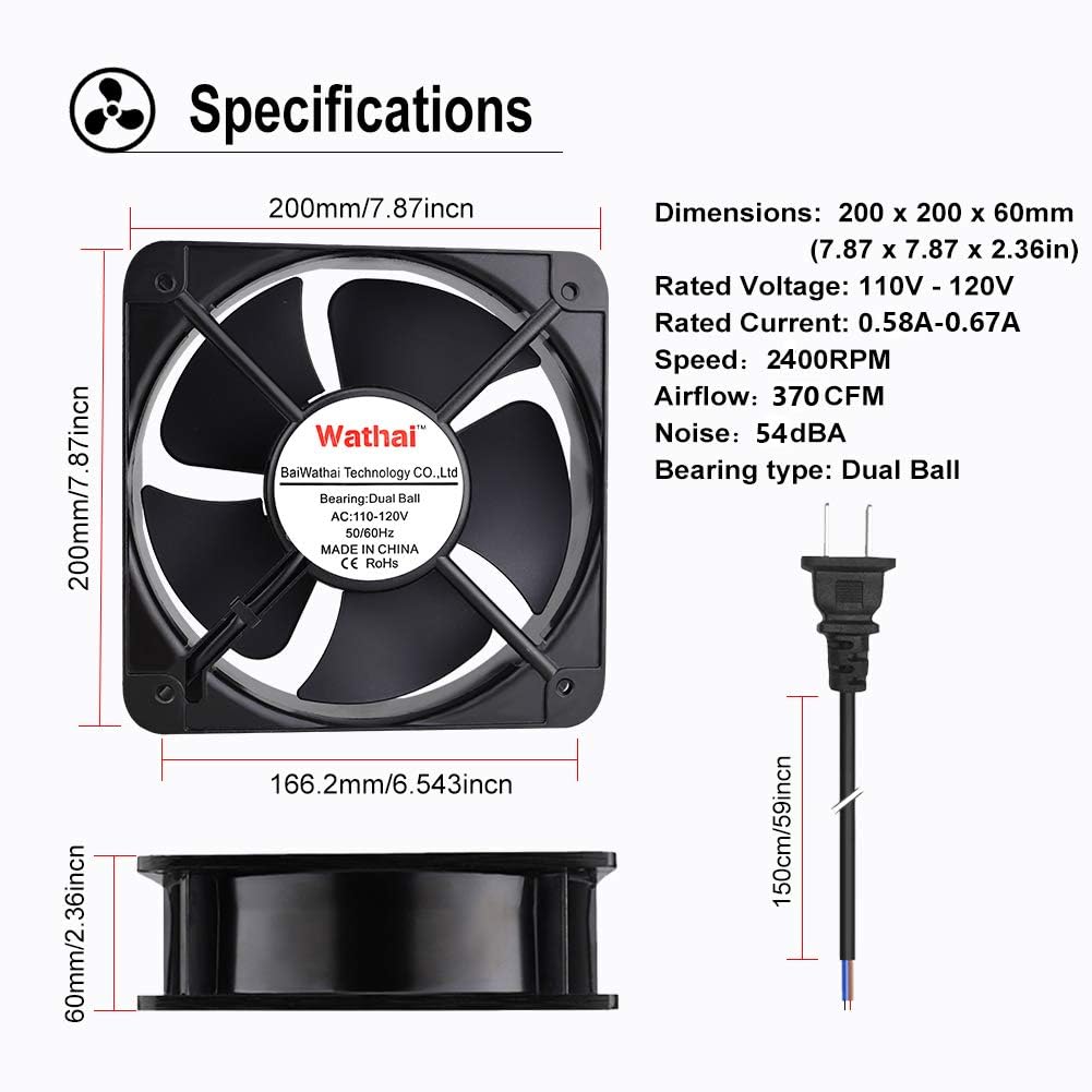 Wathai AC 20060 200mm x 60mm Dual Ball 110v 120V High Performance Industrial Cooling Fan Pack of 2