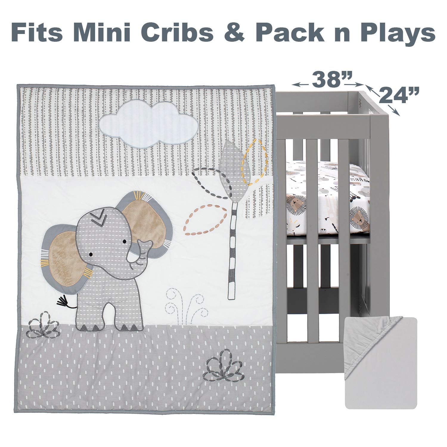 Lambs & Ivy Jungle Safari Elephant 3-Piece Mini Crib Bedding Set - Gray/White Pack of 2