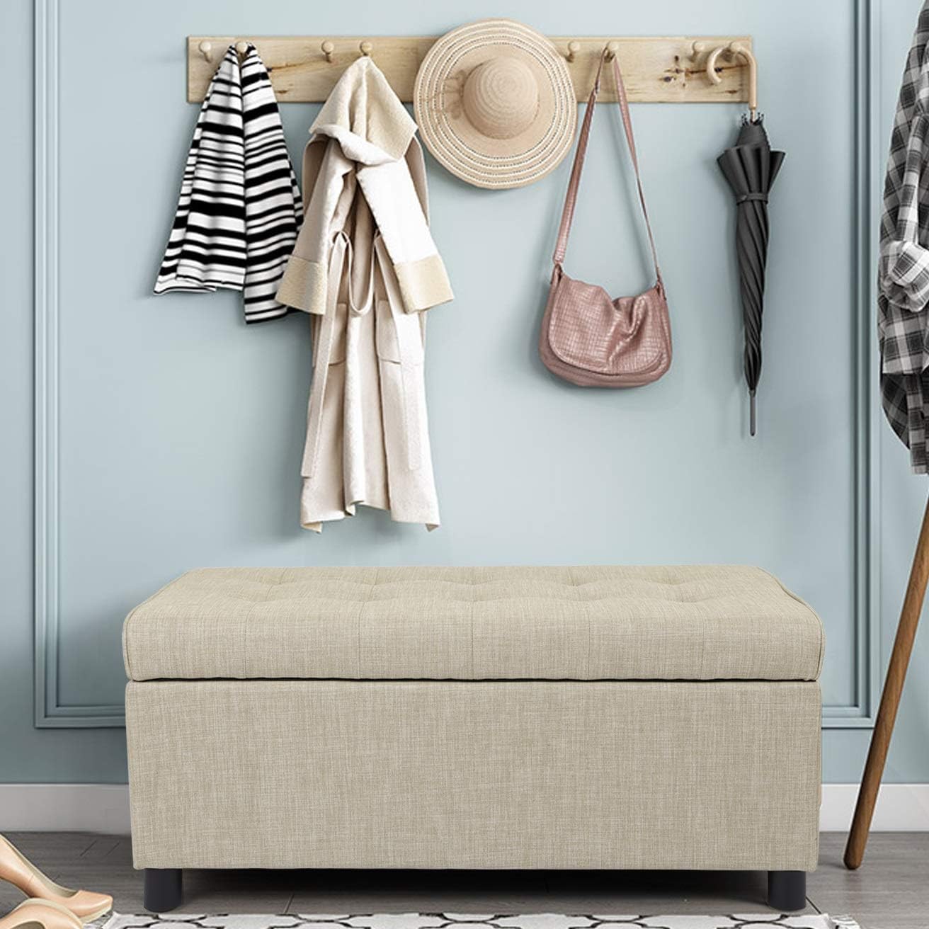 Adeco Fabric Sturdy Design Rectangular Tufted Lift Top Storage Ottoman Bench Footstool (Lift up Black)