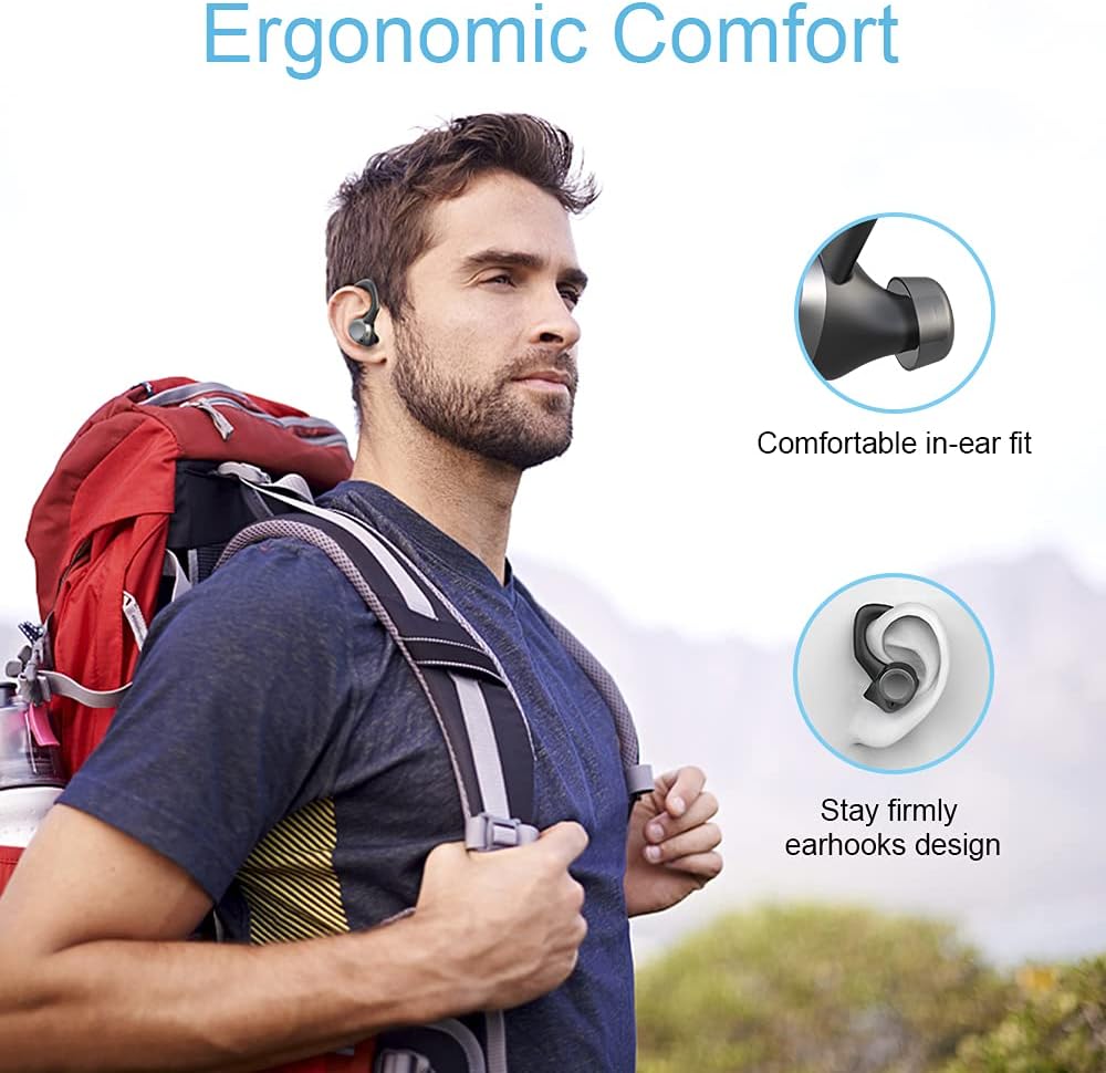 Wireless Earphone APEKX Bluetooth 5.1 Deep Bass Headphones with Microphone Over-Ear Earhook Design Headset for Sports Exercise Running Workout Black