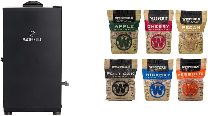 Masterbuilt MB20071117 Digital Electric Smoker, 30%22, Black & Western Wood Smoking Chip Variety Pack of 6, 180 cu in per Bag