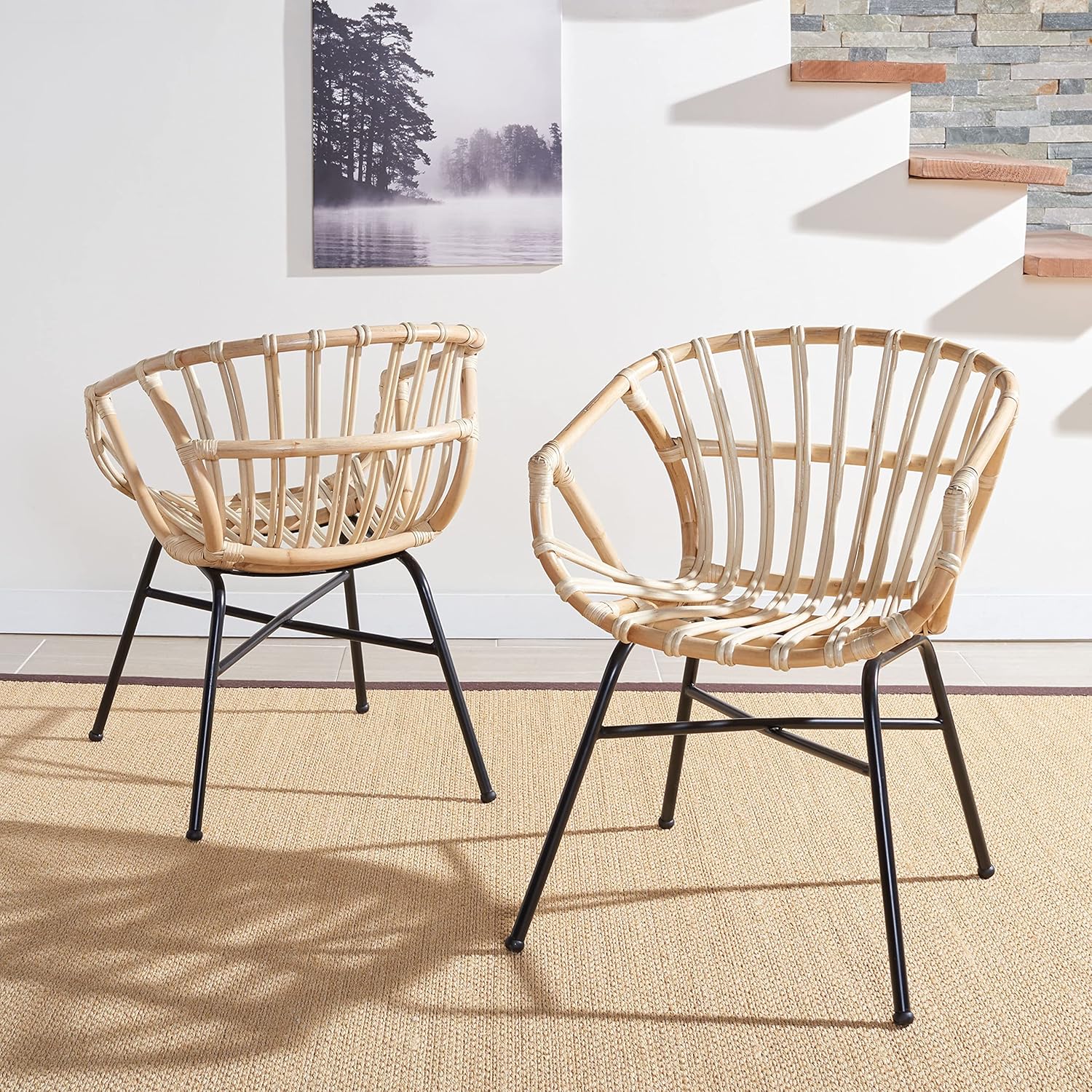 SAFAVIEH Home Collection Avril Rattan Barrel Back Spindle Living Room Accent Dining Chair DCH9905B-SET2, Natural/Black