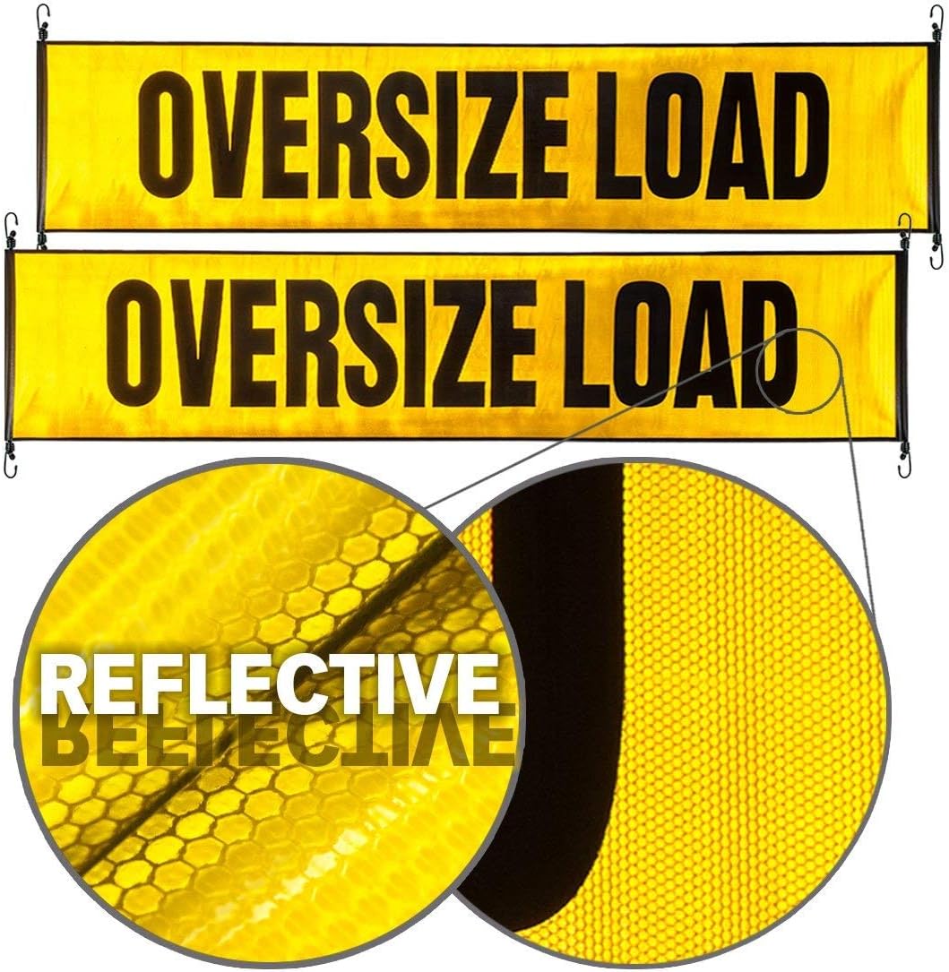 VULCAN Oversize Load Banner with Heavy Duty Stretch Cords and Metal Hooks, 2 Pack - Reflective - 18 Inch x 84 Inch