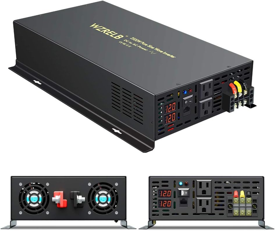 WZRELB Power Inverter Pure Sine Wave 3500W 12V DC to 110V 120V with Remote Control Dual AC Outlets for RV Car Solar System