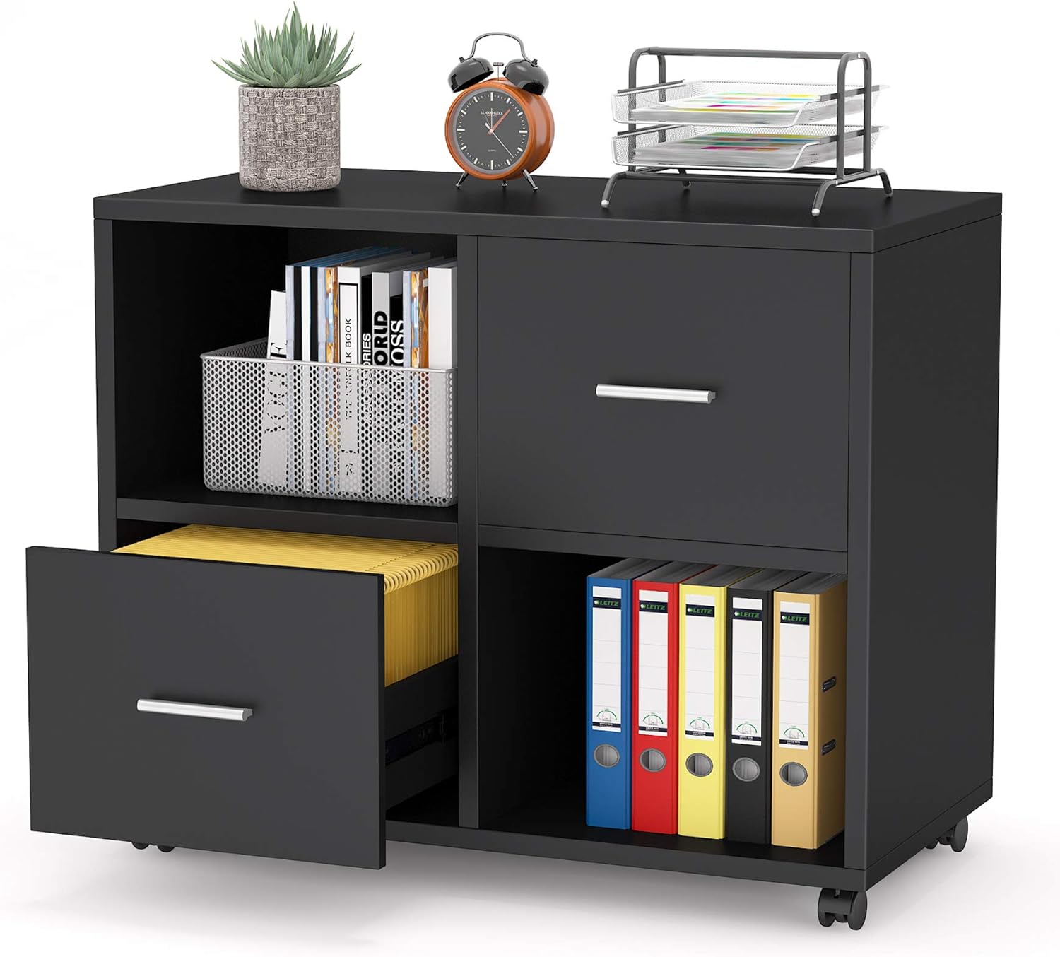 Tribesigns 2 Drawers File Cabinet, Mobile Lateral Filing Cabinet, Large Printer Stand with Open Storage Shelves and Wheels, Rolling File Cabinet for Home Office(Black)