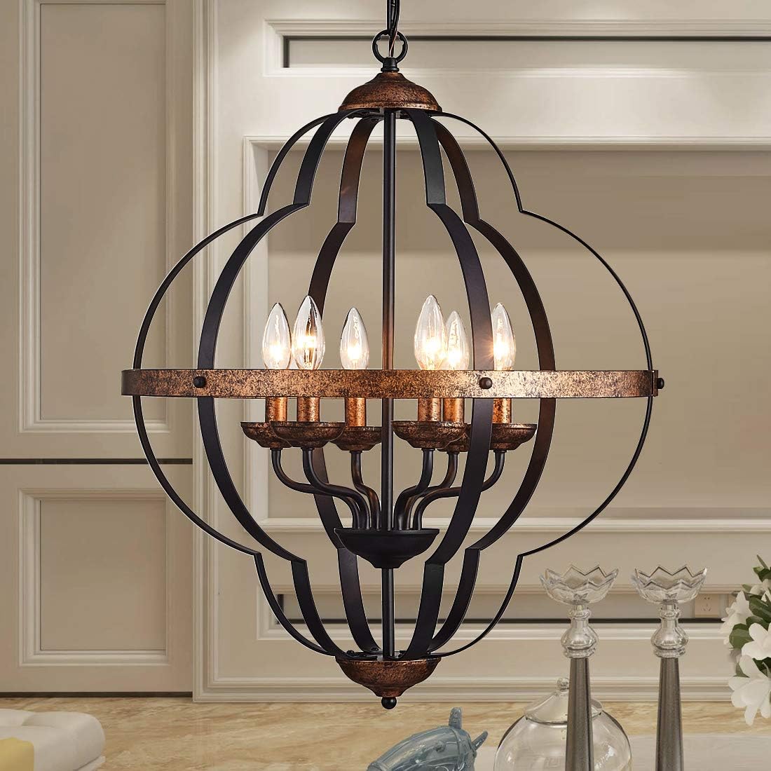 TZOE Orb 6-Light Chandelier,Rustic Vintage Metal Chandelier,Black＆Copper,Foyer Chandelier，Adjustable Height,Dining Light,Bedroom Lights,Living Room Lighting,Kichlen Chandelier UL Listed