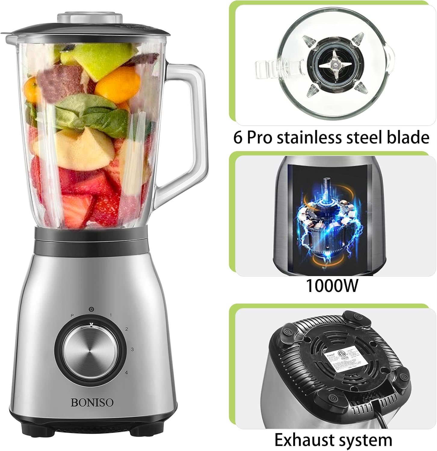 BONISO Countertop Blender High Speed Countertop Kitchen Food Mixer for Blend, Chop, Grind with1.5L/50oz Glass Jar, for Puree, Ice Frozen Fruit Crushing, Nuts Butter, Shakes and Smoothies Pack of 2
