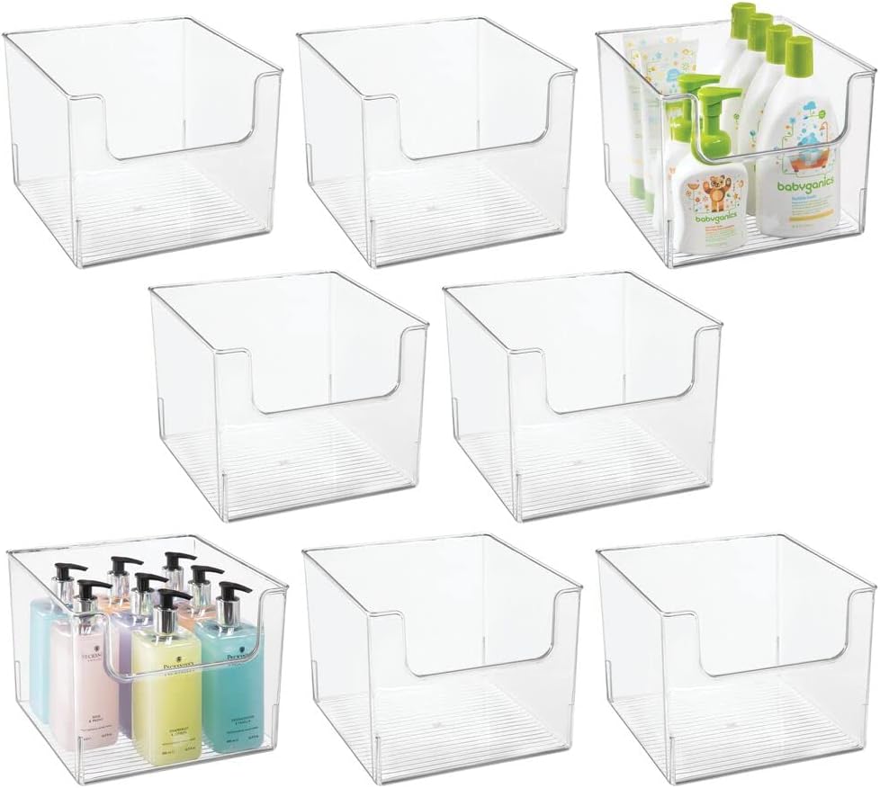 mDesign Plastic Open Front Bathroom Storage Organizer Basket Bin - for Cabinets, Shelves, Countertops, Bedroom, Kitchen, Laundry Room, Closet, Garage - 8 Pack - Clear