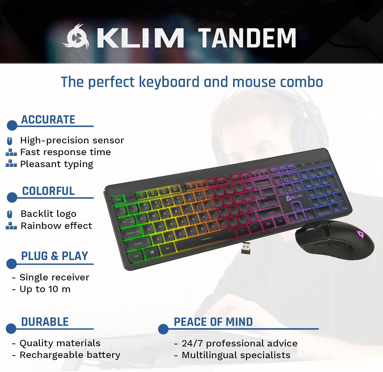 KLIM Tandem - Wireless Gaming Keyboard and Mouse Combo + Slim, Durable, Ergonomic + Light up Keyboard and Mouse Wireless + Long-Lasting Built-in Battery with Energy-Saving + Teclado Gamer + New 2022 Pack of 2