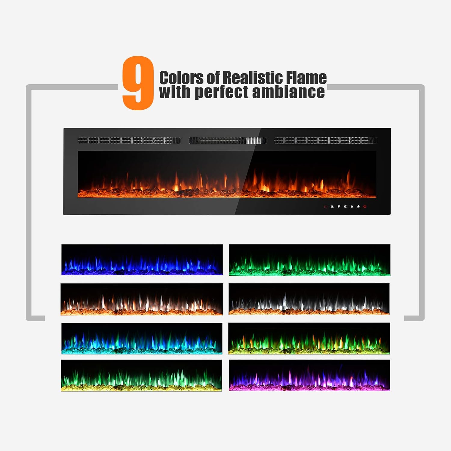 GMHome 70 Inches Wall Recessed Electric Fireplace Wall Mounted in-Wall Built Heater, Log Sets & Crystals, 9 Changeable Colors, with Remote, 1500W Fireplace, Black