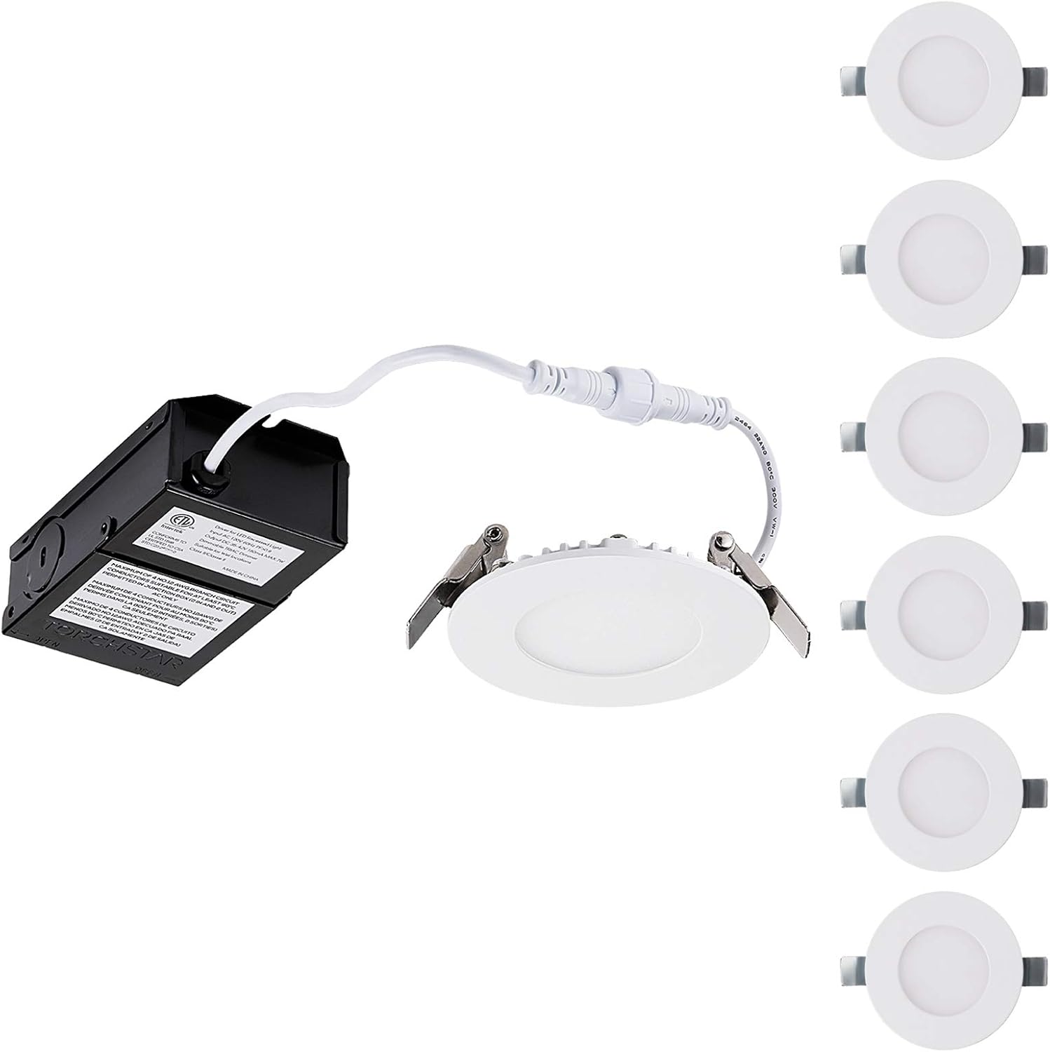 TORCHSTAR E-Star Series 3 Inch Slim LED Recessed Lights with J-Box, 10%-100% Dimmable Panel Downlight, 7W CRI90+, White Finish, 2700K Soft White, ETL & Energy Star Listed, Pack of 6