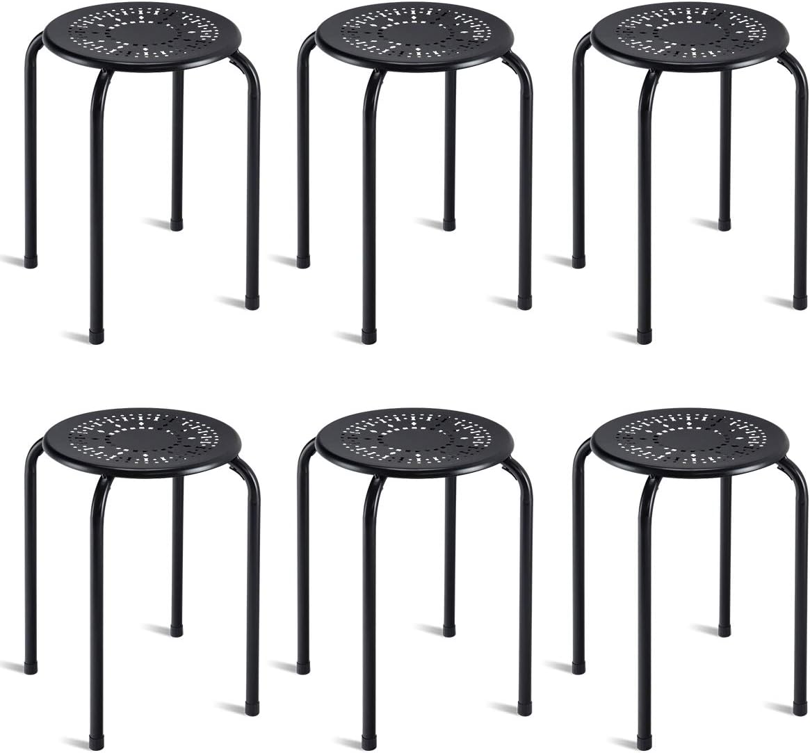 COSTWAY Stackable Daisy Design Metal Stool Backless Round Top Kitchen Home, Garden & Living(6-Pack) (Black)