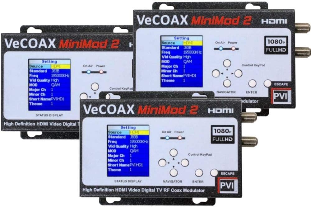 3 PACK VECOAX MINIMOD-2 | HDMI TO COAX MODULATOR to distribute your hdmi video sources to all TVs as HD Channels over existing tv coax cables
