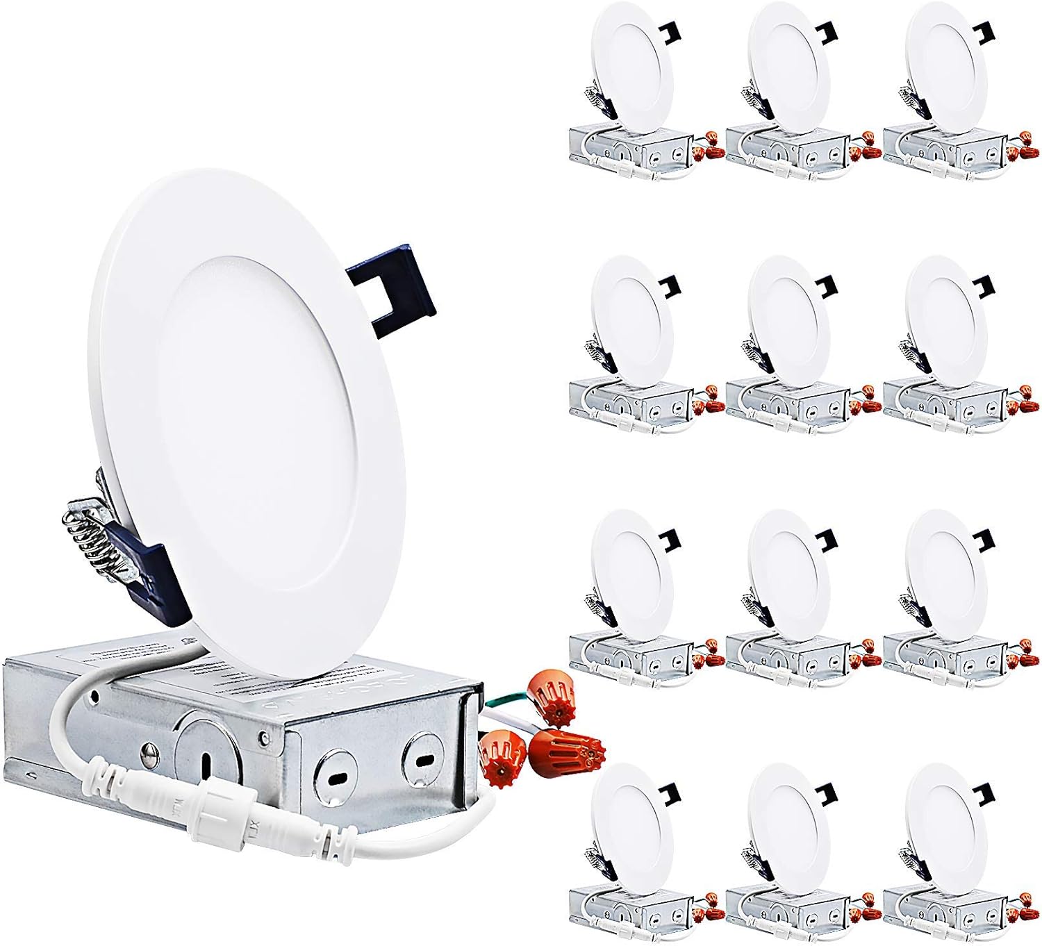 TORCHSTAR 12-Pack 4 Inch 2700K/3000K/3500K/4000K/5000K Five Color Selectable, Dimmable 10.5W CRI 90+, Ultra-Thin LED Recessed Light with Junction Box, Wet Location Available, ETL & Energy Star