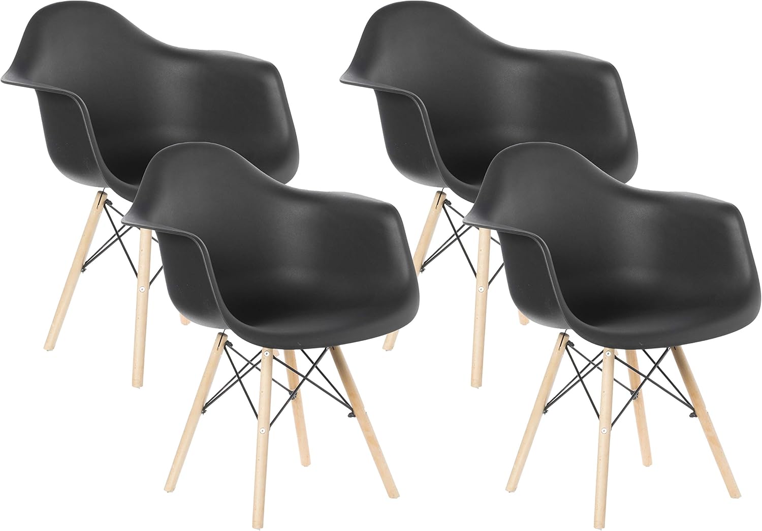 Bold Tones Mid-Century Modern Style Plastic DAW Shell Dining Arm Chair with Wooden Dowel Eiffel Legs, Set of 4 Black