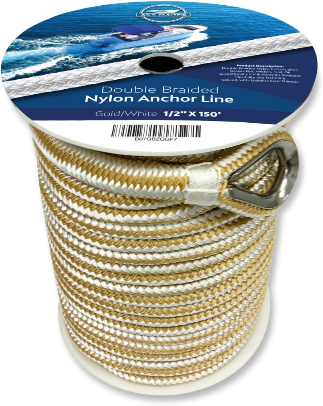 Double Braided Nylon Anchor Line with Stainless Thimble Pack of 2