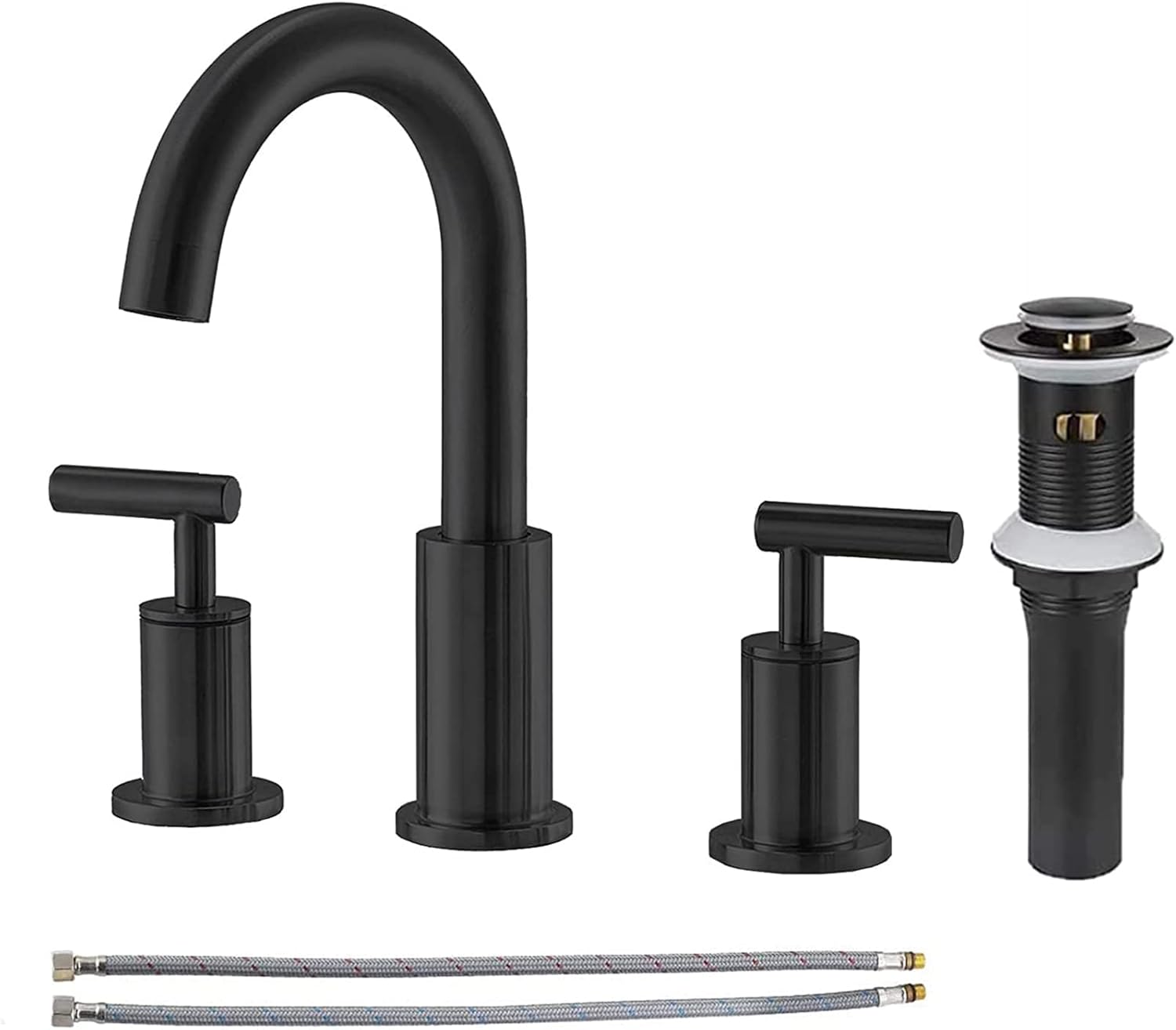Comllen Widespread 3 Hole Matte Black Bathroom Faucet, Two Handle Black Bathroom Sink Faucet Lavatory Vanity Faucet with Pop-up Drain and Water Supply Lines