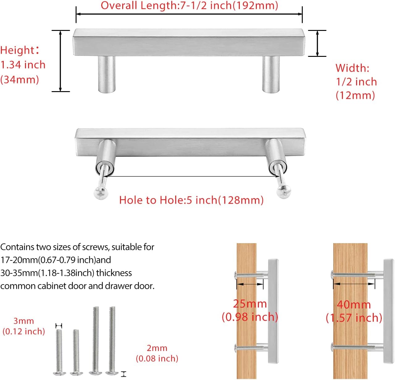 40 Pack Cabinet Handles Stainless Steel Square Drawer Pulls Brushed Nickel Cabinet Pulls Hardware Handles 5 Inch Hole Centers, 7-1/2 Inch Total Length Kitchen Cabinet Handles Pack of 2