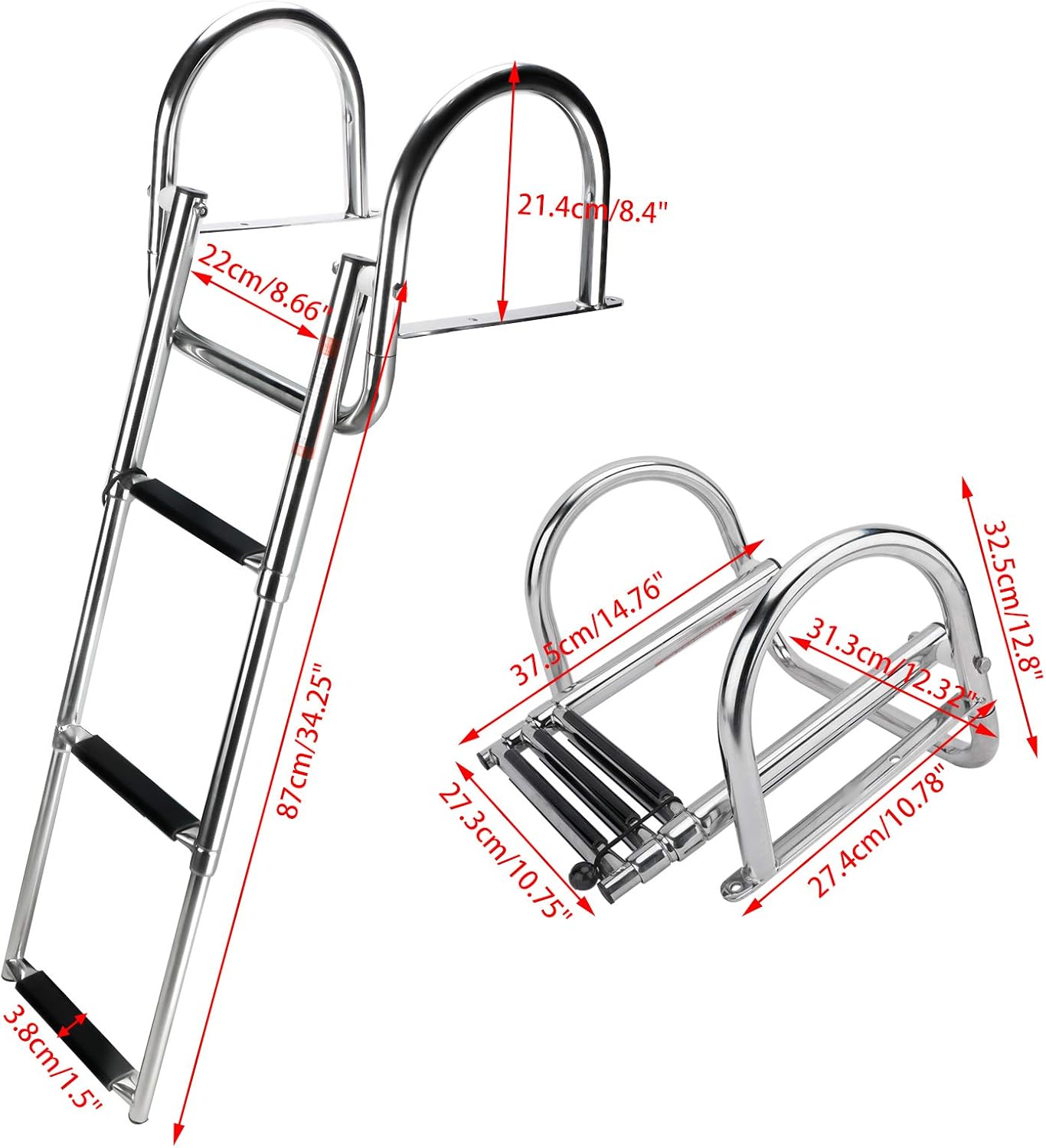 YaeMarine Stainless Steel in-Board 3 Steps Telescoping Boat Ladder Folding Dock Ladder for Marine Boat Yacht Swimming Pool Pack of 2