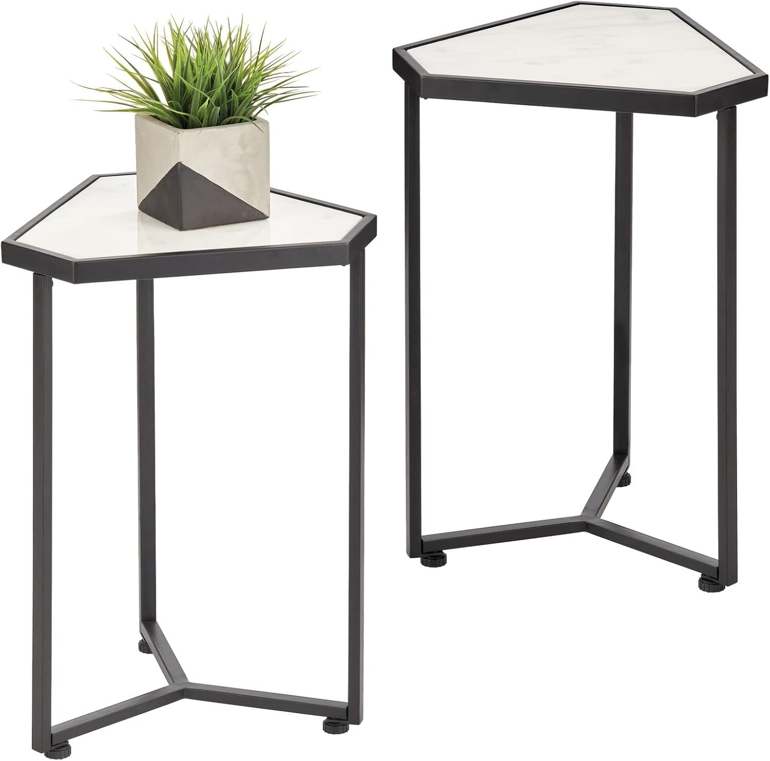 mDesign Triangle Metal & Glass in-Lay Accent Table - Small Side/End/Drink Table - Decorative Legs, Glass Top - Home Decor Accent Furniture for Living Room, Bedroom - 2 Pack - Soft Brass/Glass