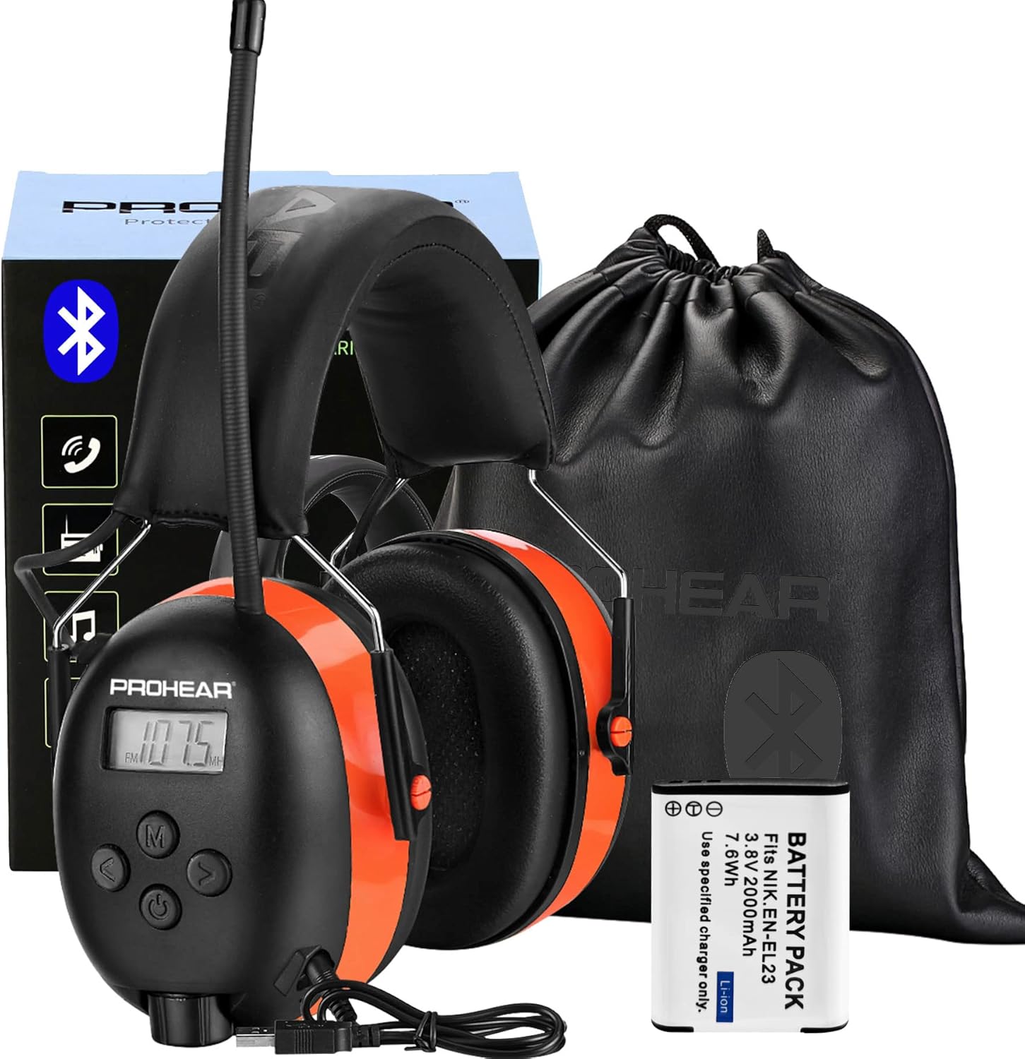 PROHEAR 033 Upgraded Bluetooth Hearing Protection Headphones with FM/AM Radio, 25dB NRR Safety Muffs with Rechargeable Battery, 48H Playtime, Ear Protector for Mowing, Work Shops, Snowblowing - Black