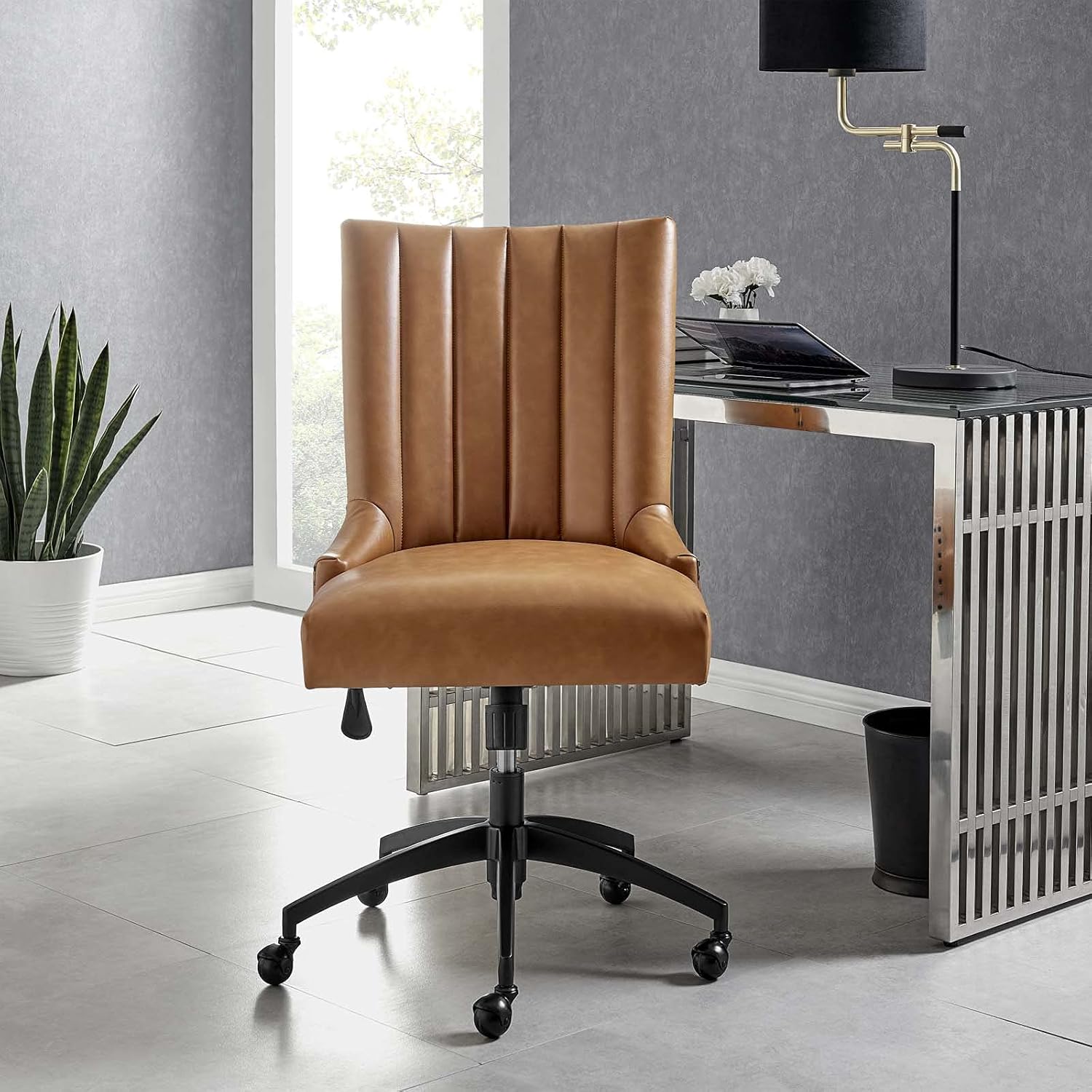 Modway Empower Channel Tufted Vegan Leather Office Chair in Black Tan