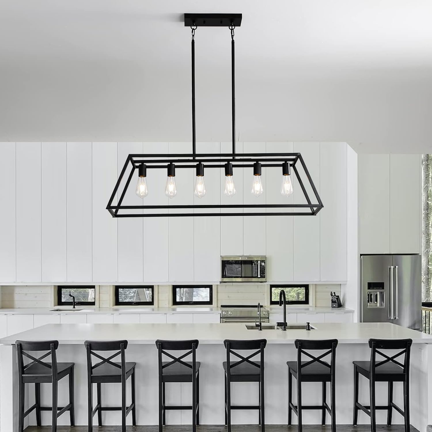 Black Kitchen Island Lighting, 6-Light Farmhouse Chandeliers, Modern Industrial Linear Rectangle Pendant Light Fixtures for Dining Room Kitchen Bar Foyer(Metal, E26 Base)