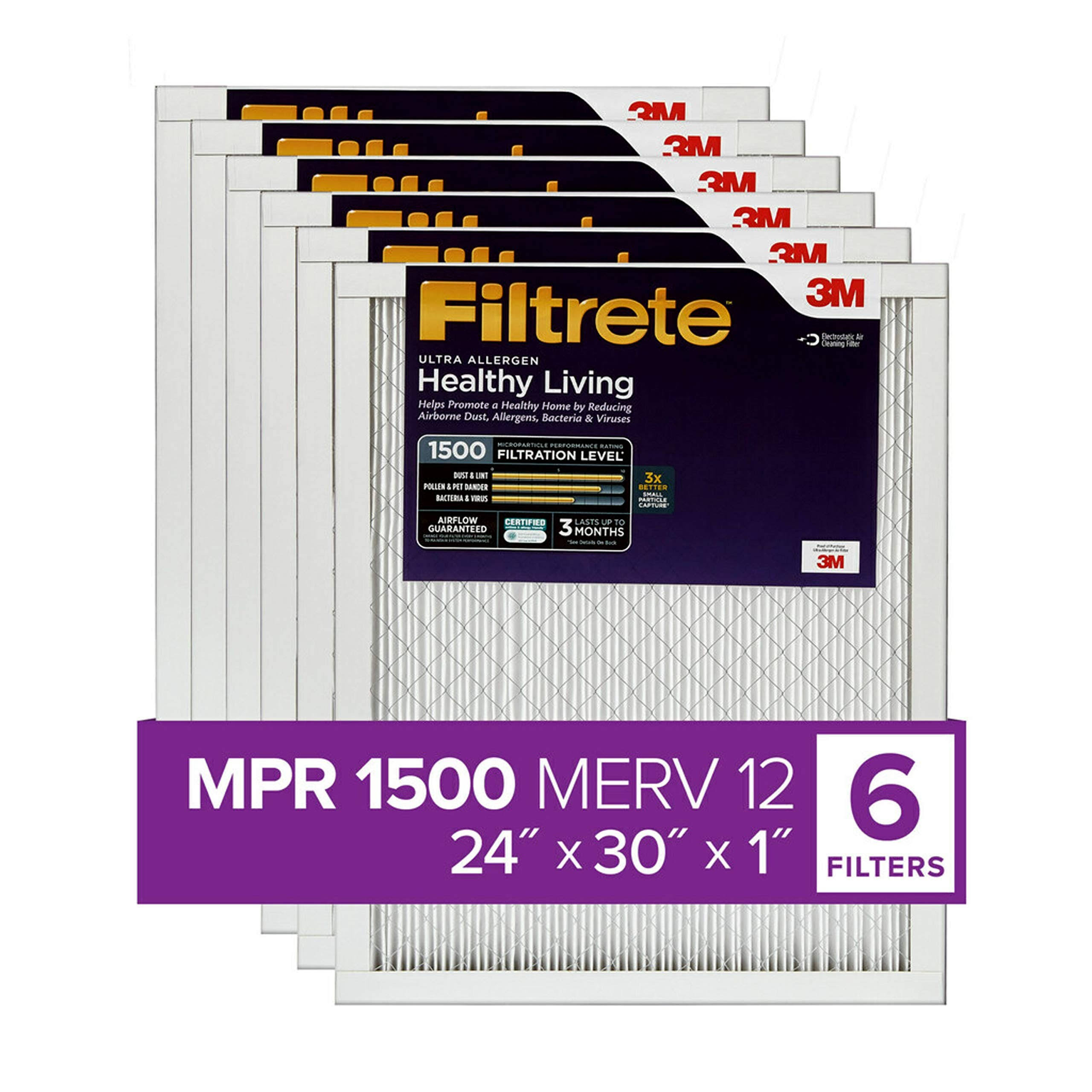 Filtrete 24X30X1, AC Furnace Air Filter, MPR 1500, Healthy Living Ultra Allergen, 6-Pack