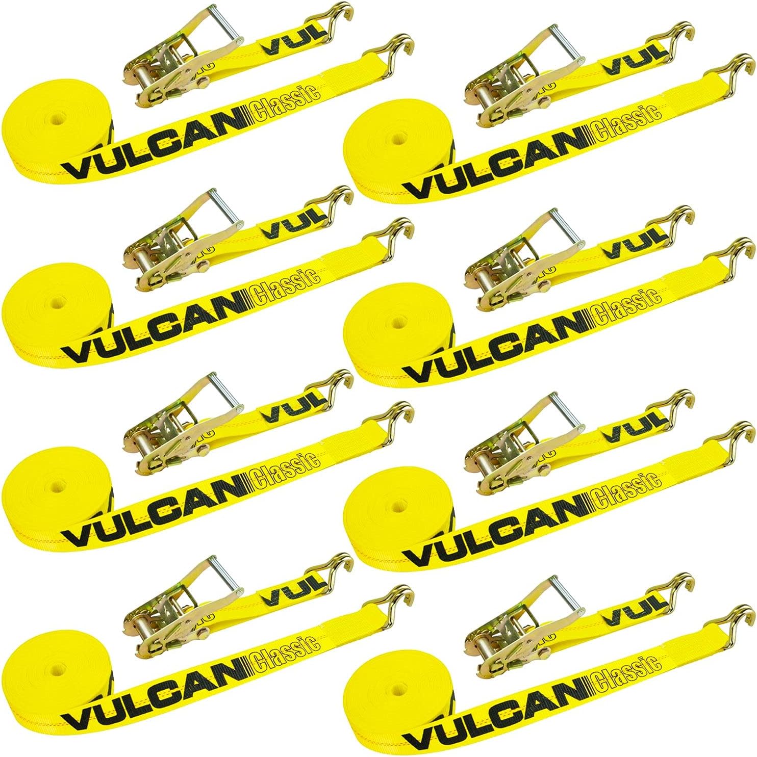 VULCAN Ratchet Strap with Wire Hooks 2 Inch x 30 Foot, 8 Pack - Classic Yellow - 3,300 Pound Safe Working Load