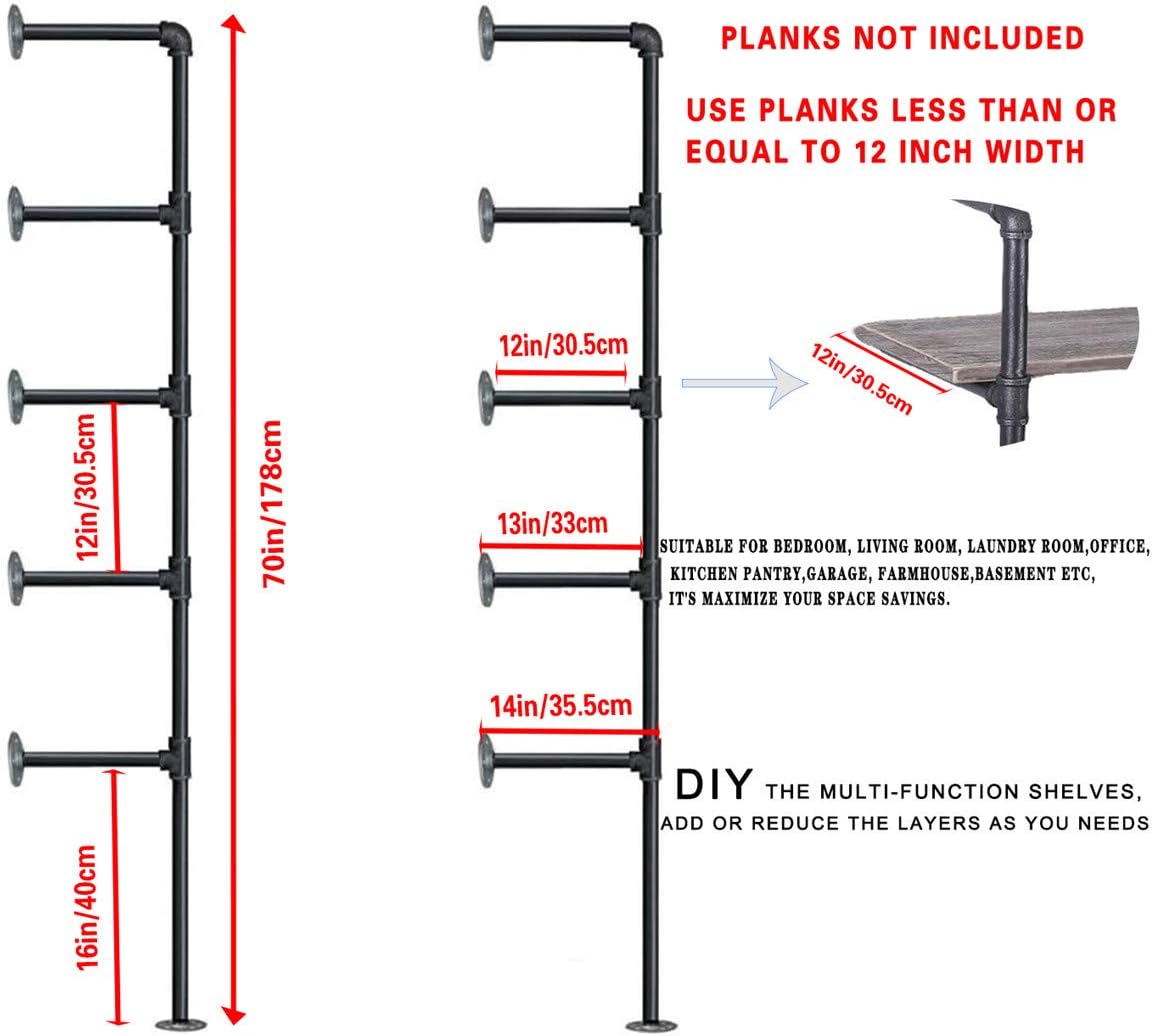 Industrial Wall Mount Iron Pipe Shelf Bracket,Vintage Retro Black DIY Open Bookshelf, Storage Shelves, Ceiling Hung Shelves for Home Kitchen Office(2PcsX5Tier,70