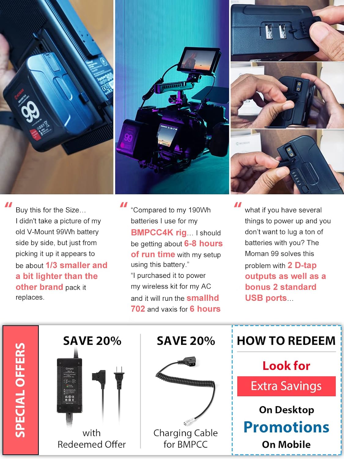 Moman V Mount Battery, Power VMount V-Lock Batteries 99Wh 15A Draw with Dual D-Tap & USB Outputs Power Bank for Blackmagic Cameras Camcorders LED Lights Monitor, Moman-Dtap-V-Mount-Battery-Black