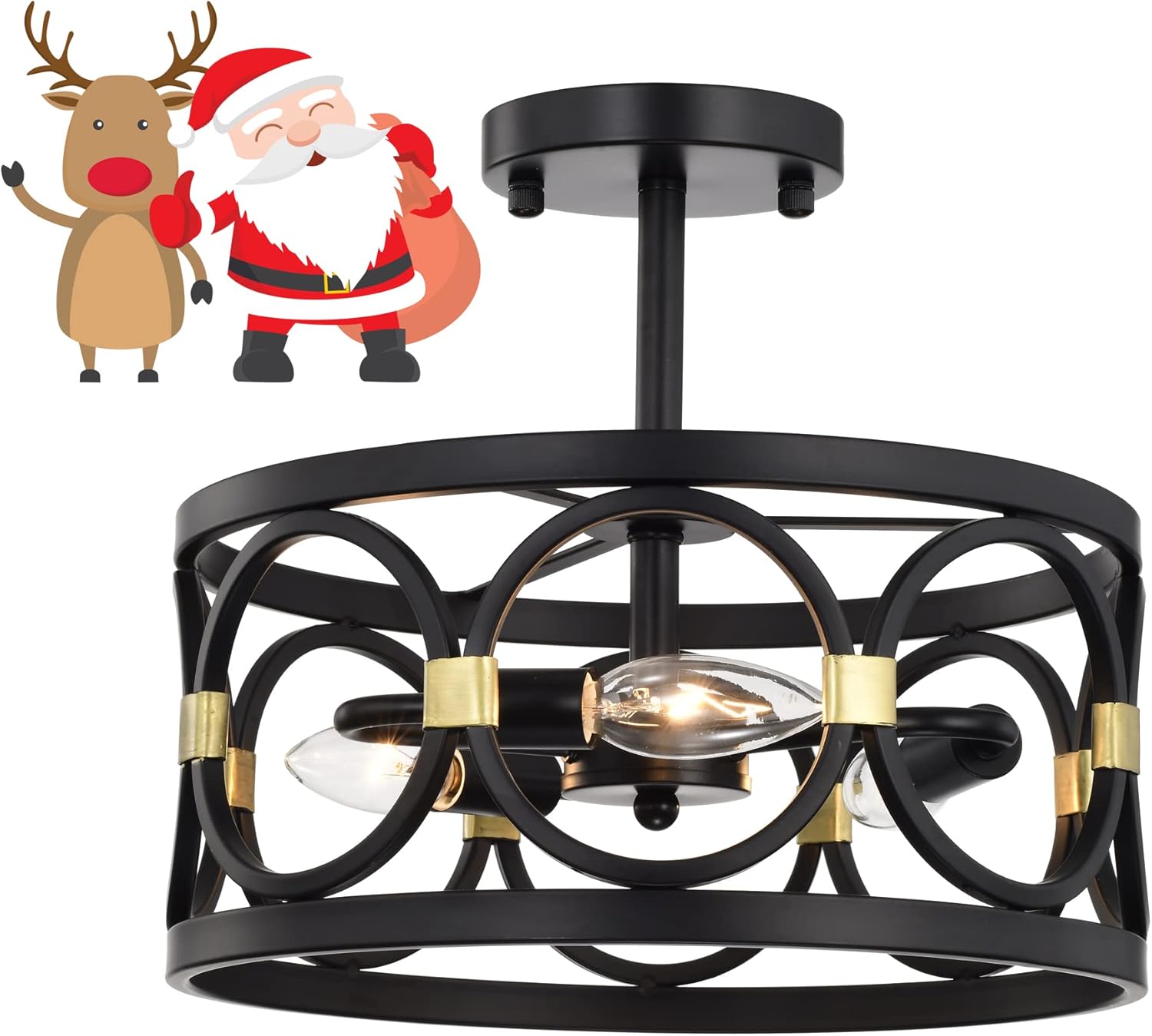 Black and Gold Chandelier Modern Semi Flush Mount Light Fixture 3 Light Flush Mount Ceiling Light Farmhouse Flush Mount Chandelier