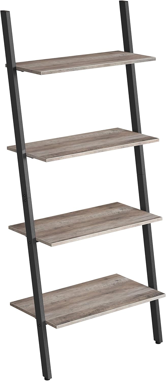 VASAGLE Industrial Ladder Shelf, 4-Tier Bookshelf, Storage Rack Shelves, for Living Room, Kitchen, Office, Iron, Stable, Sloping, Leaning Against The Wall, Rustic Brown ULLS43BX