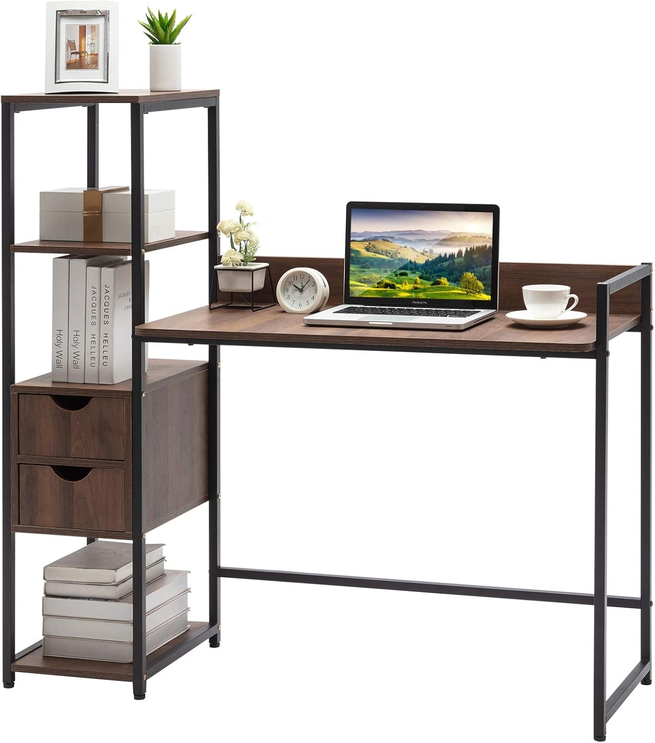 COSVALVE Computer Desk, 48'' Writing Study Gaming Laptop Table with Baffle, Shelf and Drawer, Space Saving, Modern Simple Style PC Laptop Workstation for Home Office Indoor (Light Wood Grain) Pack of 2